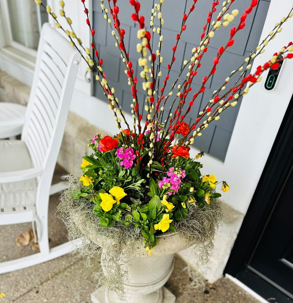 Spring urn arrangement by M&J Landscaping